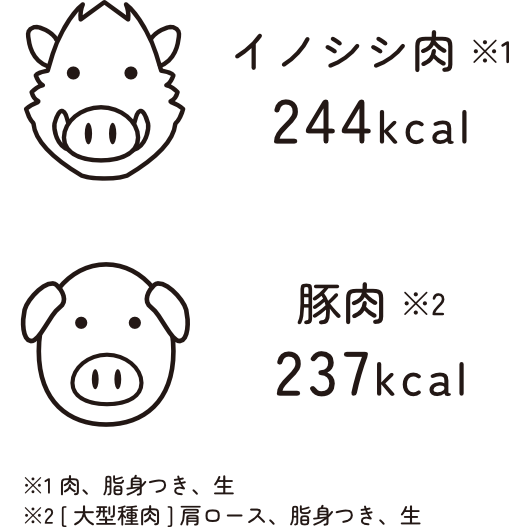 猪(イノシシ)肉と豚肉の栄養成分の比較 (100gあたり)